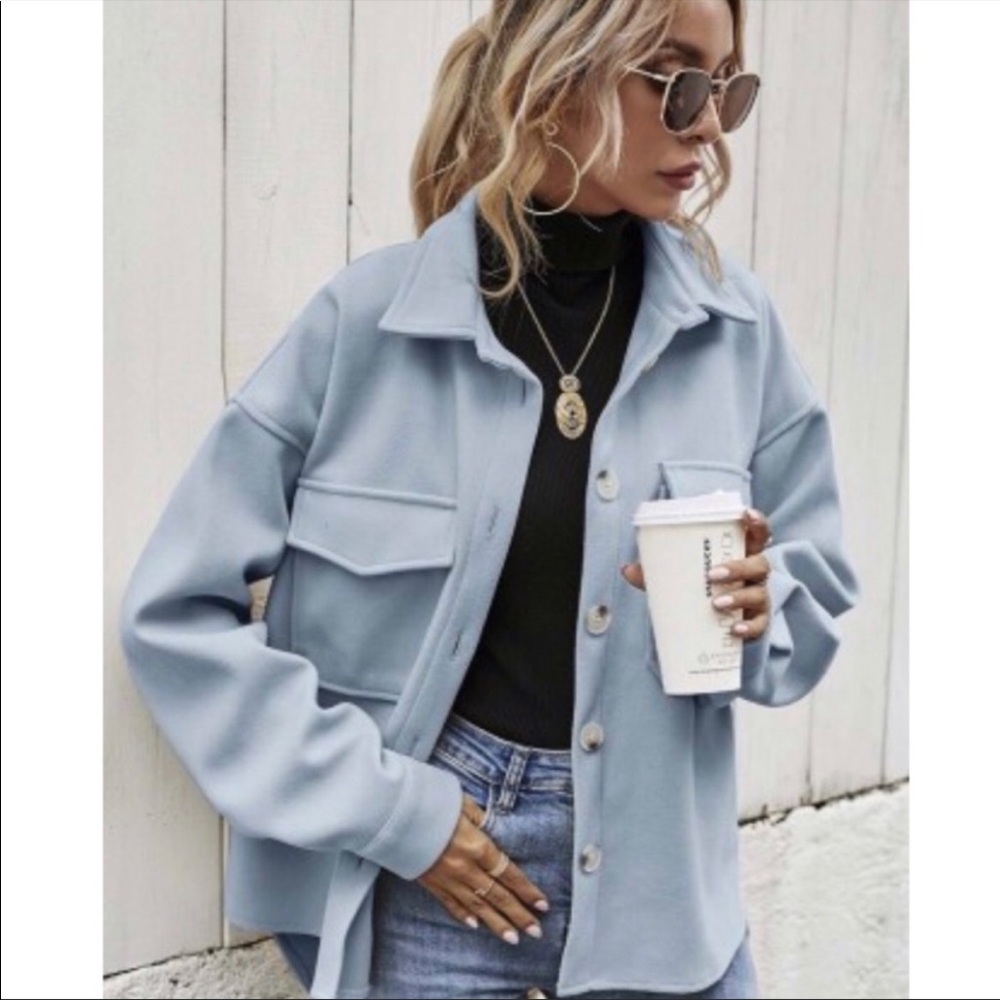 Boyfriend Jacket blue button up jacket over shirt front pockets